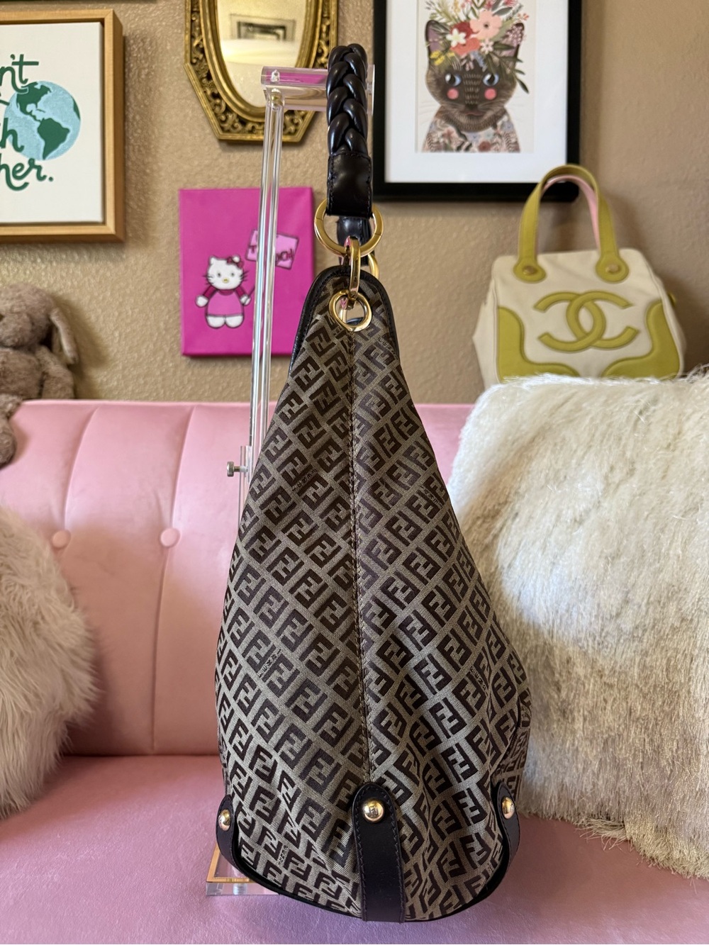 π―Auth! Vintage FENDI ZUCCHINO Shoulder Hobo Bag Canvas w Braided Leather Handle - Picture 3 of 16